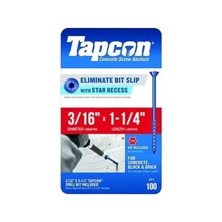 Tapcon 3/16-inch x 1-1/4-inch Climaseal Blue Flat Head T25 Concrete Screw Anchors w/Drill Bit, 100PK 3110T25